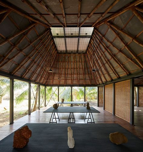 Retreat Architecture, Solar Panels Architecture, Artist Retreat, Bamboo Roof, Moveable Wall, Timber Slats, Temporary Structures, Studios Architecture, Roof Construction