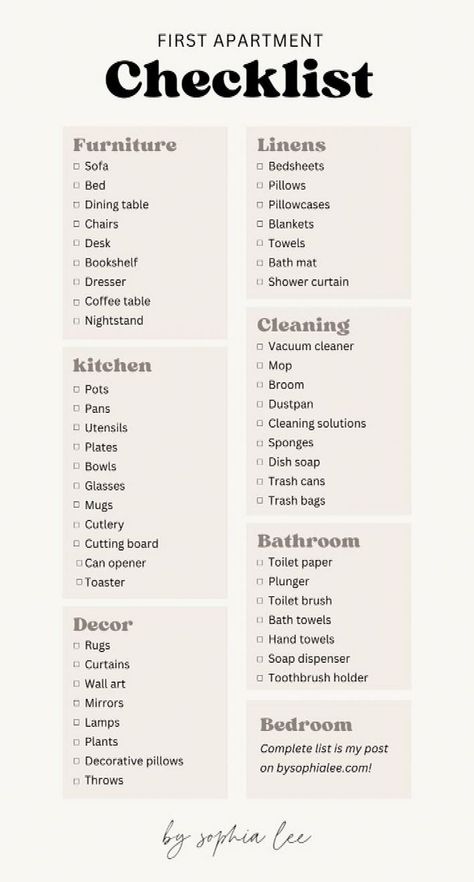 After I moved, my friends started moving out too and I’ve sent this first apartment checklist to all of them. They always ask my for my first apartment tips and this is the number #1 recommendation - know which first apartment essentials you need! #and #InteriorDesign #HomeIdeas #Apartment #HomeStyle #Space #Living #HomeDecor #Ideas #Tips #Your #DecorTips #Elevate #Decor Apartment Checklist Minimalist, Essentials For Moving Into An Apartment, Beginner Apartment Decor, Budget For Moving Out First Apartment, Move Out Essentials, Furniture List For First Apartment, Buying First Apartment Aesthetic, Apt Ideas First Apartment, New Apartment Organization Ideas