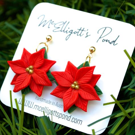 Hand crafted from polymer clay, these Large Poinsettia Dangles feature captivating poinsettia designs that span approximately 2.6cm in diameter. With their bright, seasonal colours , these earrings are a perfect addition to any Christmas celebration. Available in a hoop and ball stud options Dip Art, Xmas Pics, Christmas Jewellery, Xmas Pictures, Clay Earring, Christmas Celebration, Polymer Clay Projects, Pasta Flexible, Christmas Gift Jewelry