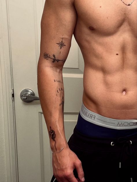 Men tattoo tattoos inspo Guys W Tattoos, Men’s Fine Line Tattoo Sleeve, Men Sticker Sleeve, Light Patchwork Tattoo Men, Best Tattoo Placement Men, Male Bicep Tattoo, Patch Work Tattoo Men Arm, Patchwork Forearm Tattoo Men, Fine Line Tattoos For Guys