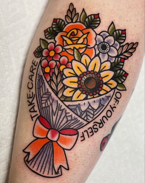 take care of yourself American Traditional Flower Vase Tattoo, American Traditional Locket Tattoo, Traditional Flower Bouquet Tattoo, American Traditional Thigh Tattoo, Neo Traditional Tattoo Design Sketches, Simple American Traditional Tattoo, Bouquet Reference, Floral Bouquet Tattoo, Europe Tattoo