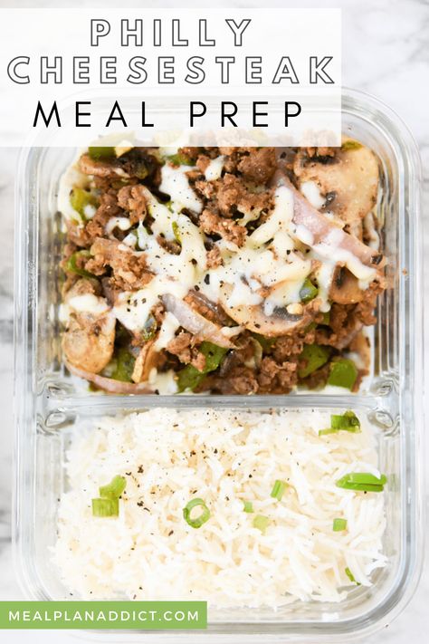 Healthy Philly Cheesesteak Meal Prep by Meal Plan Addict. Ditch the traditional style Philly Cheesesteak sandwich this week, and make this super quick and simple Philly Cheesesteak Meal Prep instead! Cheesesteak Meal Prep, Cheesesteak Recipe, Recipe Beef, Low Carb Meal, Snacks Healthy, Dinner Meal Prep, Easy Healthy Meal Prep, Protein Meals, Philly Cheesesteak