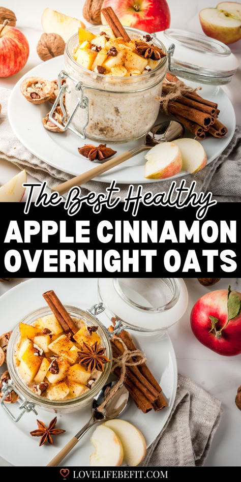 images of apple cinnamon overnight oats in a mason jar Apple Pie Filling Overnight Oats, Overnight Oats Apple Cinnamon Chia Seeds, Overnight Oat Without Yogurt, Apple Pie Protein Oats, Apple Protein Overnight Oats, Apple Pie Oats Overnight, Healthy Apple Overnight Oats, Fall Overnight Oats Healthy, Apple Pie Overnight Oats Protein