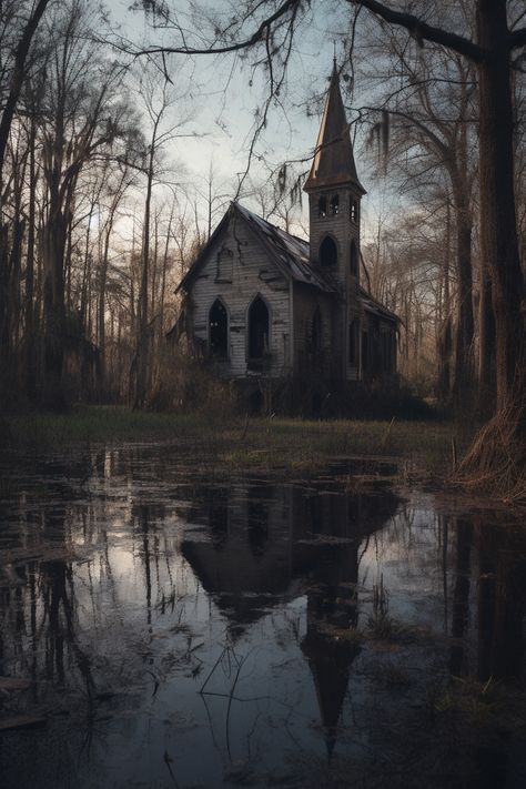 Spooky Abandoned Places, Southern Gothic Landscape, Abandoned Village Aesthetic, Swamp Architecture, Southern Gothic Photography, Southern Gothic Church, Southern Gothic Art, Gothic Appalachia, Abandoned Church Aesthetic