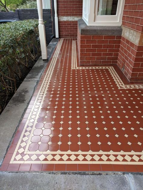 Exclusive Look of Oxley Pattern and Norwood Border - Victorian Mosaic Tiling Porch Tiles, Victorian Mosaic Tile, Bluestone Steps, Conservatory Flooring, Classic House Interior Design, Victorian Tile, Victorian Floor Tiles, Porch Tile, Entryway Flooring