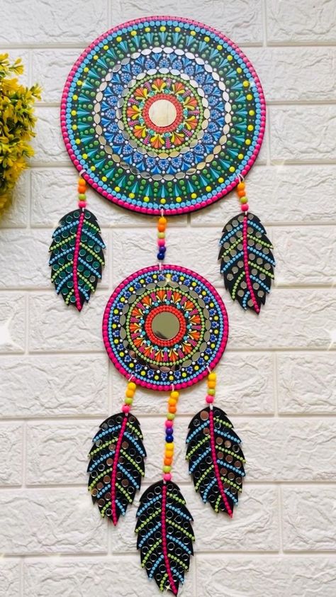 Dream catcher wall hanging in 2022 | Paper crafts diy kids, Diy crafts videos, Dots art Painted Mirror Art, Dream Catcher Wall Hanging, Dream Catcher Wall, Mirror Crafts, Diy Wall Art Decor, Art And Craft Videos, Art Decor Diy, Diy Paper Crafts Decoration, Diy Crafts Paper Flowers