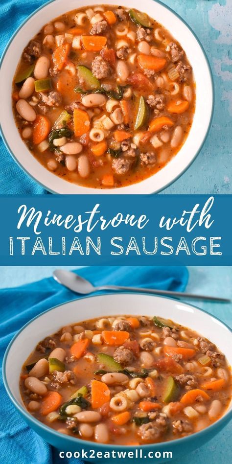 Minestrone Soup Recipe With Sausage, Sausage Minestrone Soup, Ministroni Soup Recipe, Minestrone Soup Recipe Crockpot, Recipes Using Italian Sausage, Best Minestrone Soup Recipe, Crockpot Italian Sausage, Sausage Vegetable Soup, Italian Vegetable Soup