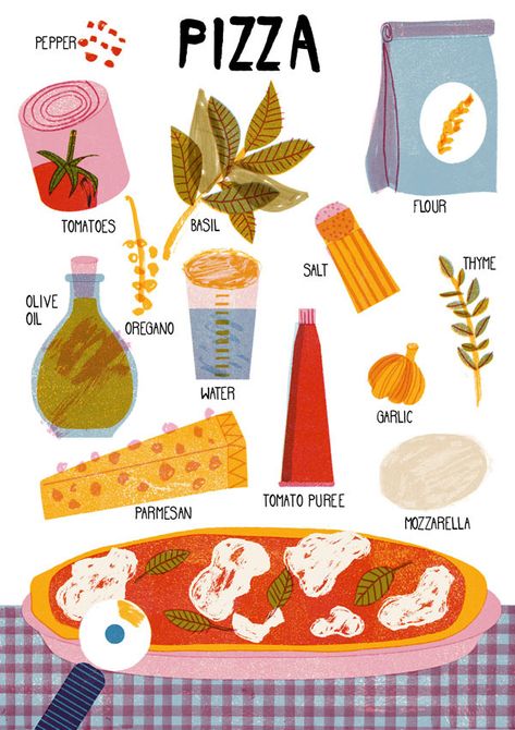 Recipes Illustration, Cook Illustration, Recipe Illustration, Italy Illustration, Recipe Book Design, Recipe Drawing, Pizza Art, Food Illustration Art, Illustration Food