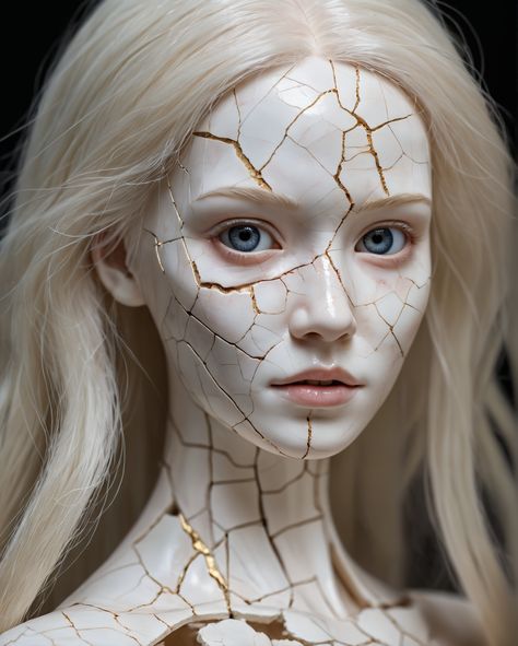 Cracked Doll Makeup, Broken Doll Makeup, Porcelain Doll Costume, Porcelain Doll Makeup, Porcelain Skin, Broken Doll, Cracked Skin, Doll Painting, The Uncanny