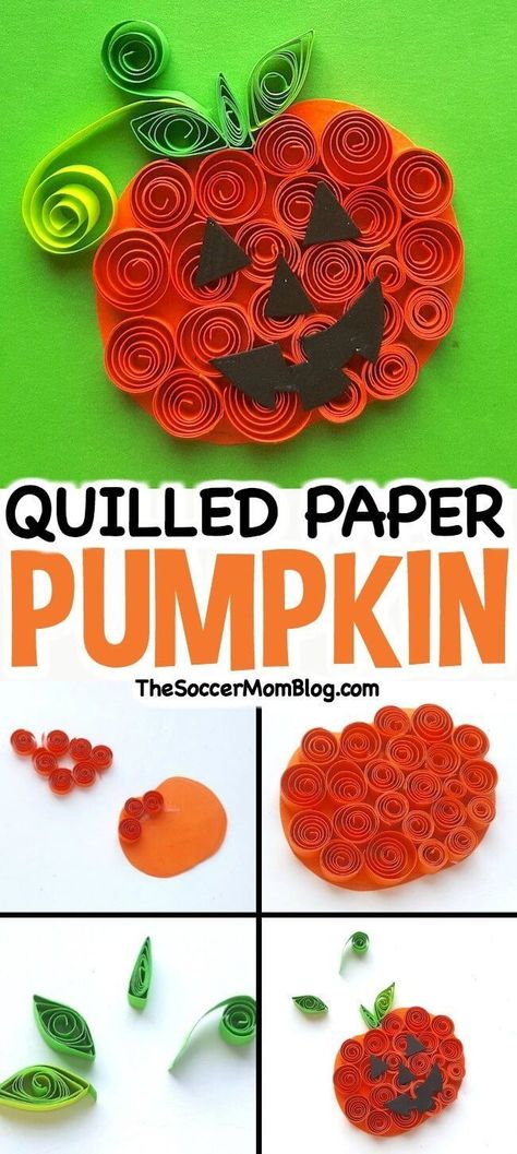 This cute quilled pumpkin is an easy Halloween paper craft and party decoration! Click for photo step-by-step instructions. #Halloween #papercrafts #paperquilling Quilled Pumpkin, Paper Pumpkin Craft, Fall Paper Crafts, Paper Pumpkins, Halloween Paper Crafts, Fun Halloween Crafts, Fall Crafts For Kids, Autumn Crafts, Halloween Crafts For Kids