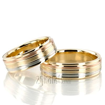 Grooved Tri-Color Fancy Designer Wedding Ring Set Colored Wedding Rings, Colored Wedding Bands, Braided Wedding Band, Ring Bands, Matching Wedding Rings, Colored Diamond Rings, Couple Wedding Rings, Color Wedding, Diamond Anniversary Rings