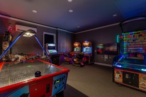 7 villas with amazing game rooms | Top Villas House Game Room, Home Arcade, Basement Refinishing, Chill Out Room, Second Floor Balcony, Florida Villas, Arcade Room, Modern Basement, Polk County