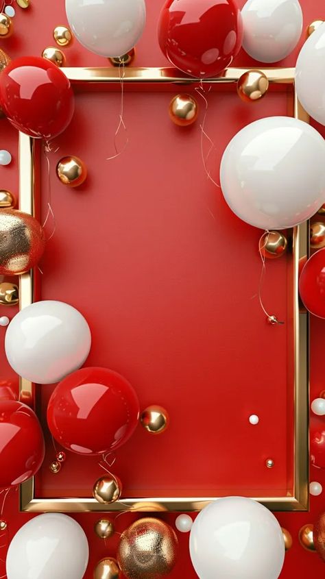 The image is a red background with a gold frame in the center. There are red and white balloons floating around the frame. The balloons are different sizes. There are also some gold balls floating around. The image is very festive and looks like it is celebrating something. Red And White Balloons, White And Gold Balloons, Balloon Background, Balloon Wall, Red Balloon, White Balloons, Gold Balloons, Work Party, Birthday Decor