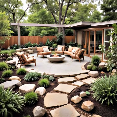 Rocks Backyard Landscape, Mid Century Front Yard Landscaping Ideas, Mid Century Modern Courtyard Ideas, Mcm Outdoor Patio, Mid Century Modern Backyard Ideas, L Shape Landscape Ideas, Mid Century Modern Backyard Landscape, Modern Backyard Patio Designs, Multi Level Backyard Landscaping