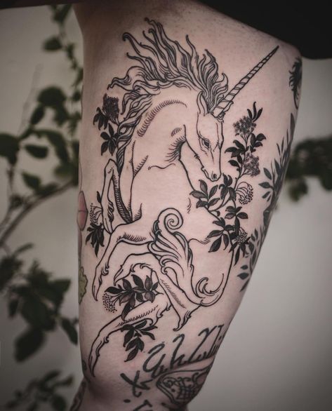 SCHWARZDORN on Instagram: “The other an unicorn. They are concealed in the forest, But happy shall that man be called Who shall snare and capture them. .…” Unicorn Tattoo Designs, Unicorn Tattoo, Woodcut Tattoo, Medieval Tattoo, Unicorn Tattoos, Witch Tattoo, Fantasy Tattoos, Last Unicorn, Spooky Tattoos