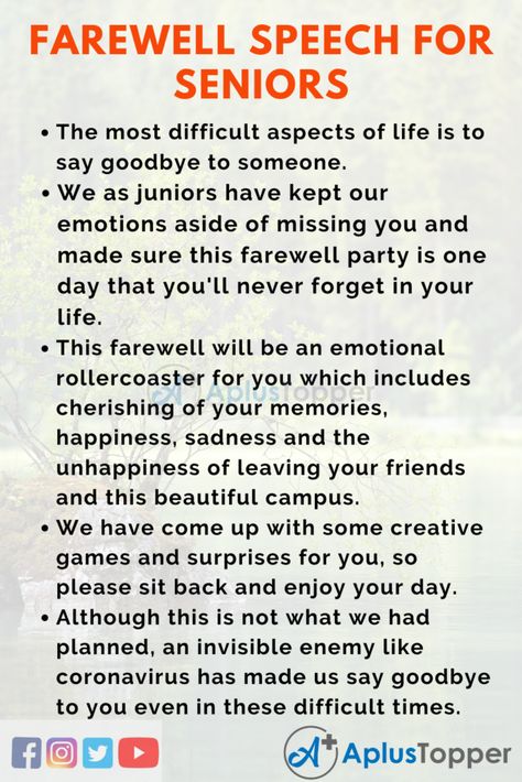 Farewell Speech for Seniors | Best Farewell Speech for Students and Children in English - A Plus Topper Fare Well Party Ideas, College Farewell Quotes For Seniors, Farewell Games Ideas For Seniors, Farewell Themes School, Farewell Wishes For Seniors, Farewell Card Ideas Handmade For Seniors, Farewell For Seniors, School Farewell Theme Ideas, Farewell Speech For Seniors