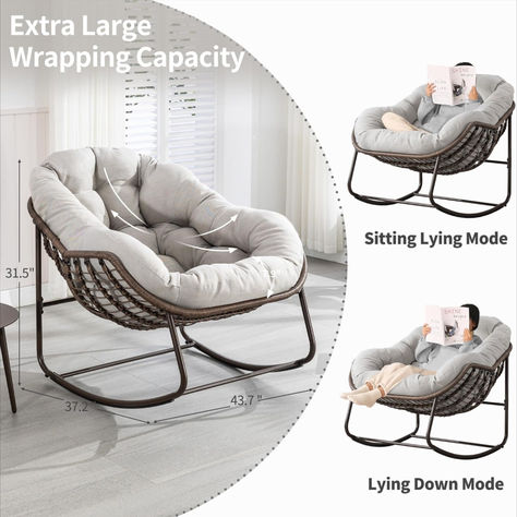 Outdoor Papasan Rocking Chair - Oversized Comfy Patio Chair Indoor Egg Royal Rattan Rocking Chair with Cushion for Front Porch Lounge Lawn Bedroom Living Room (Beige Grey) 【EGG SHAPED ROCKER】This large egg rocking chair measures 43.7" D x 37.2" W x 31.5" H, it has an egg shape that wraps you in its comfortable structure and swings 30° back and forth, rocking gently and smoothly to give you maximum comfort to rest. 【EASY TO ASSEMBLY】 Living Room Beige, Rattan Rocking Chair, Luxury House Interior Design, Indoor Chairs, Outdoor Rocking Chairs, Egg Chair, Patio Chairs, Luxury House, Rocking Chair