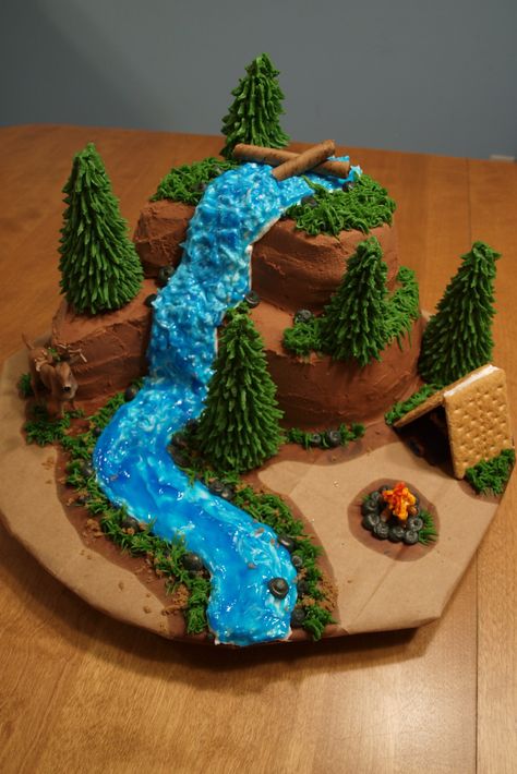 Outdoors Cake, Camping Theme Cakes, Hunting Birthday Cakes, Waterfall Cake, Boy Scout Cake, Mason Jar Cakes, Nature Cake, Camping Cakes, Hunting Cake