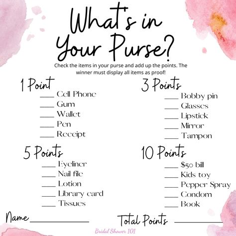 whats in your purse Purse Template, Game Questions, What's In My Purse, Purse Game, Bridal Games, Whats In Your Purse, Bags Game, Games Ideas, Game Template