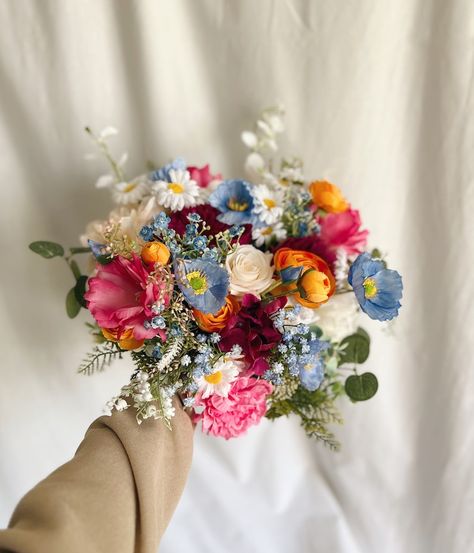 Vibrant Bridal Bouquet With Orange, Blue and Hot Pink Flowers, Wildflowers Bouquets, Bridesmaids Bouquet, Colorful Bouquet, Sumner Bouquets - Etsy Trendy Bouquet Wedding, Blue Poppy Bouquet, Small Colourful Wedding Bouquet, Blue Pink Orange Bouquet, Bridal Flowers Bouquet Summer, Garden Wedding Bridal Bouquet, Flower Bouquet Wildflowers, April Wedding Bouquet Ideas, Red Orange Pink Blue Wedding