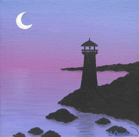 Lighthouse at Dusk Original Acrylic Art - small... - Folksy Beach Small Canvas Painting, Simple Silhouette Painting, House Silhouette Painting, Painting Ideas Sunset Easy, Little Canvas Paintings Simple, Lighthouse Painting Easy, Pretty Paintings Easy, Cool Acrylic Paintings, Mini Paintings Simple