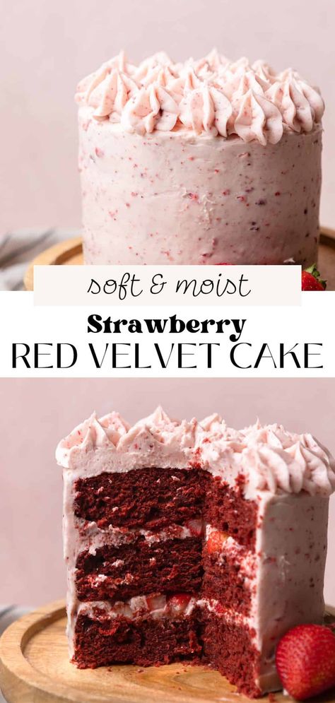 This strawberry red velvet cake has an ultra-moist and velvety texture! It has tangy strawberry cream cheese frosting and is filled with real chopped strawberries. It's a pretty pink cake that is perfect served for Valentine's Day, at birthday parties, or at any special event. Strawberry Red Velvet Cupcakes, Red Velvet Cake Strawberries, Red Velvet Cake Pink Frosting, Valentine’s Day Cake Recipes, Strawberry Velvet Cake Recipe, Fancy Strawberry Cake, Valentines Cake Flavors, Filling For Red Velvet Cake, Strawberry Red Velvet Cake