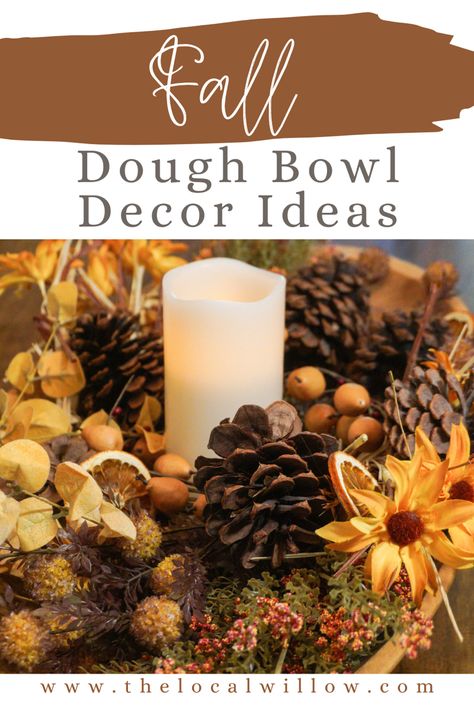 Have a dough bowl that you’re unsure how to decorate? Look no further! #fall #falldecor #fallcenterpiece #doughbowl #autumn #decor #decorationideas #diningroomdecor #tabledecor #tabledecorations Wooden Bowl Fall Decor Ideas, Decorating Dough Bowls For Fall, Wood Bowl Fall Decor, Dough Bowl Fall Decor Ideas, Doughbowl Centerpiece Fall, Autumn Dough Bowl Decor, Bread Bowl Decor Centerpieces Fall, Fall Bread Bowl Decorations, How To Decorate A Dough Bowl For Fall