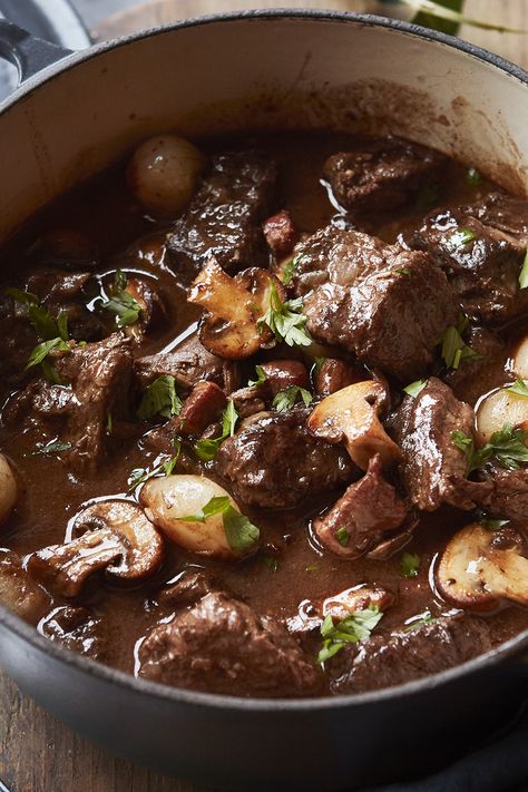 Serve with creamy mashed potatoes and some green vegetables, or even a crisp side salad with a mustardy dressing. Beef Bourguignon Slow Cooker, Hairy Bikers Recipes, Beef Bourguignon Recipe, Beef Bourguignon, Creamy Mashed Potatoes, Beef Casserole, Beef Dinner, Slow Cooker Beef, Green Vegetables