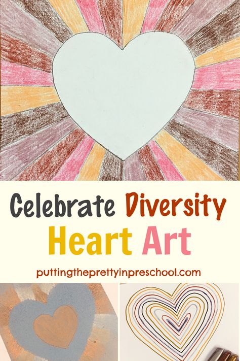 Three easy-to-do "Celebrate Diversity" heart art projects with chalk, metallic marker, and pencil crayon skin tone art supplies. Mlk Art Projects, Diversity Crafts For Kids, Skin Tone Art, February Art Projects, Crayon Activities, Sunburst Art, Heart Art Projects, Elementary Art Classroom, Tone Art