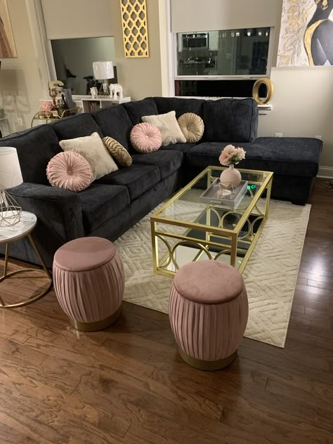 Black Living Room With Pink Accents, Black Tan And Pink Living Room, Grey Couch With Pink Accents, Pink Black And Gold Decor, Black Couch Pink Decor, Living Room Pink And Black, Dark Grey Couch Gold Accents, Black And Pink Studio Apartment, Edgy Glam Decor