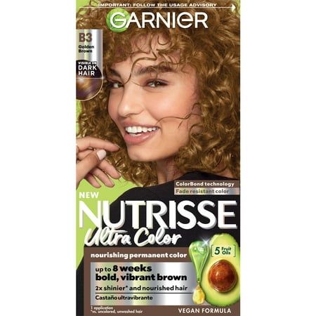 Garnier Nutrisse Nourishing Hair Color Creme, B3 Golden Brown, Garnier Nutrisse Nourishing Hair Color Creme, Highlighting Kit, B3 Golden Brown, Garnier Nutrisse hair color creme nourishes while you color with avocado, olive, and shea oils. The nourishing color creme enriched with fruit oil concentrate penetrates deep into hair fibers to nourish and condition your hair so it takes color better and holds it longer, root-to-tip. Garnier Nutrisse delivers rich, radiant, long-lasting hair color with Garnier Nutrisse Hair Color, Golden Brown Hair Dye, Silky Shiny Hair, Golden Brown Hair Color, Golden Brown Hair, Brown Hair Dye, Hair Textures, How To Lighten Hair, Brown Shade