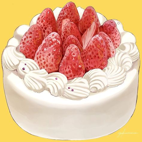 Strawberry Cake Illustration, Spring Japan, Watercolor Food Illustration, Strawberry Art, Dessert Illustration, Cake Drawing, Strawberry Hearts, Cake Illustration, Foodie Art