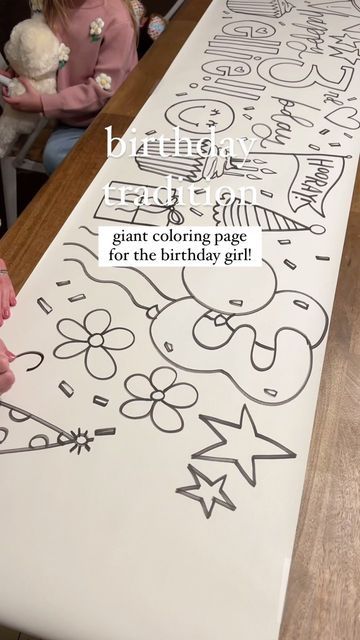 amber eldredge on Instagram: "my kids’ favorite birthday tradition that we started a few years back! (& mine — I always look forward to drawing these for my girls!) ❤️ It’s simple & makes them feel SO special. DIY giant birthday coloring page to fill the dinner table! I use a roll of cheap craft butcher paper & tape it across the table. Usually I draw it the night before their birthday so they can wake up & color it throughout the day. I add in plenty of large shapes — cupcakes, balloons, smileys & hearts & stars, party hats, & gifts. And their name & age in the middle in bubble letters so they can fill them in! I put our colored pencils in a large, cute vase & leave it out for easy access. We usually leave it out a few days & they color the ENTIRE PAGE — then we flip it over so they can Birthday Coloring Tablecloth, Diy Coloring Tablecloth, Giant Coloring Page, Kids Table Birthday Party, Drawing Birthday Party, Rory Birthday, Kids Birthday Party Crafts, Birthday Coloring Page, Kids Birthday Party Activities