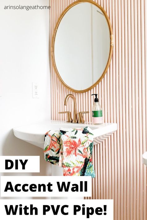 DIY accent wall idea for your bathroom, powder room, or any room in your home! Create a fluted wall using PVC pipe. An easy DIY project you can do! Fluted Wall Powder Room, Fluted Accent Wall Diy, Powder Bathroom Accent Wall, Easy Accent Wall Ideas Bathroom, Fluted Wall Diy, Fluting On Wall, Fluted Wall Bathroom, Toilet Accent Wall, Toilet Wall Design