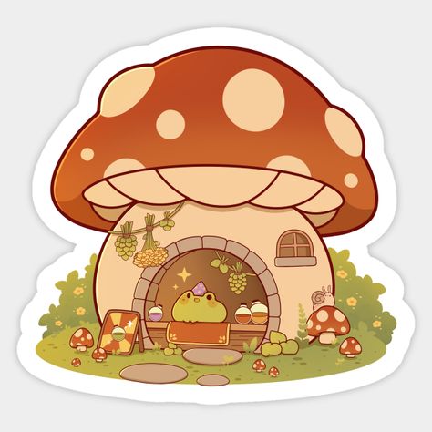 Little frog wizard in a mushroom potion house! -- Choose from our vast selection of stickers to match with your favorite design to make the perfect customized sticker/decal. Perfect to put on water bottles, laptops, hard hats, and car windows. Everything from favorite TV show stickers to funny stickers. For men, women, boys, and girls. Dinasour With Mushroom Hat, Cute Diy Sticker Ideas, Mushroom House Art, Mushroom Potion, Stickers Mushrooms, Whimsical Stickers, Character Doodles, Potion Shop, Frog Wizard