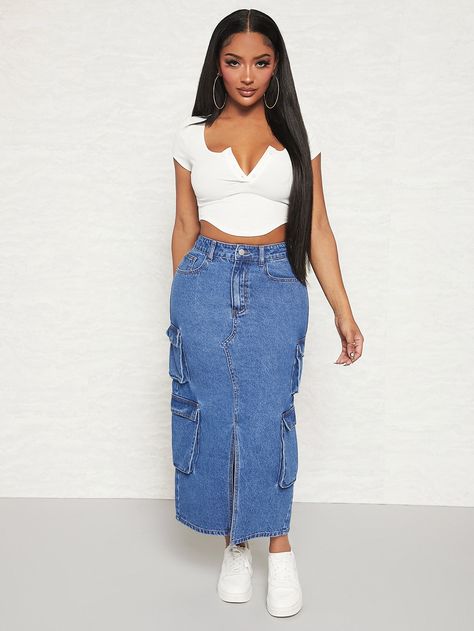 Long Jean Skirts Outfit, Jupe Jeans Outfit, Long Jeans Skirt Outfit, Long Cargo Skirt Outfit, Long Jean Skirt Outfits, Bold Fashion Outfits, Long Cargo Skirt, Cargo Styling, Long Jeans Skirt