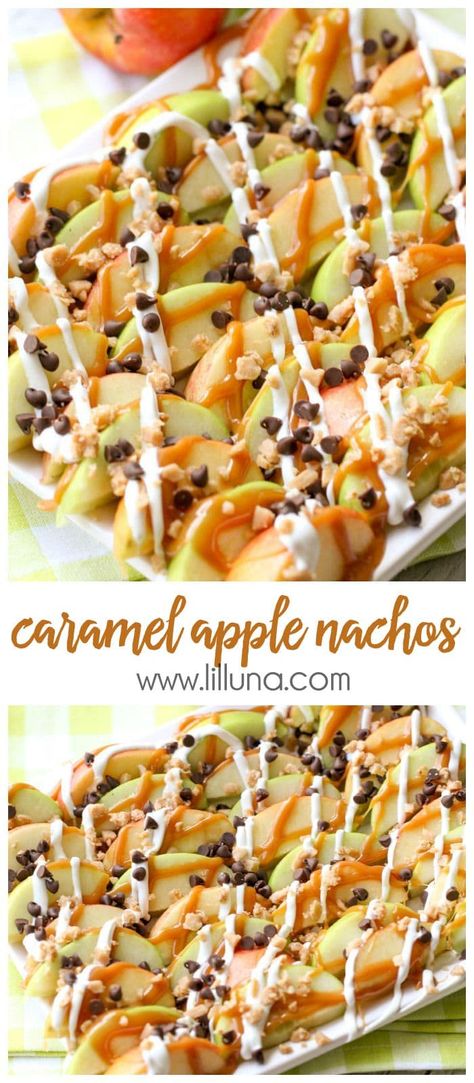 These Caramel Apple Nachos are an easy treat perfect for movie nights and get togethers. Sliced apples drizzled in caramel and white chocolate, and topped with chocolate chips and toffee bits - it tastes just like a caramel apple, but simpler to make! #caramelapplenachos #caramel #applenachos #dessertnachos #fruitydesserts Caramel Apple Nachos, Halloween Finger, Halloween Finger Foods, Apple Nachos, Movie Night Snacks, Toffee Bits, Oreo Dessert, Desserts Easy, S'mores