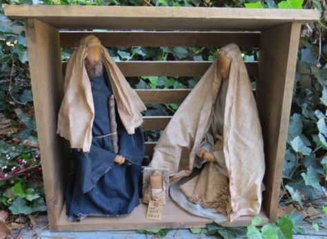 Primitive CHRISTMAS Nativity Wooden Manger OOAK RAG DOLL Creche Holy Family Artisan Decor, Garden Wagon, Jesus Mary And Joseph, Hardwood Furniture, Antique Pottery, Tea Stains, Primitive Christmas, Holy Family, Country Farmhouse Decor