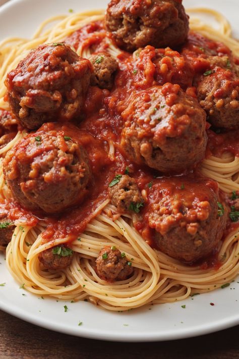 Spaghetti and Meatballs Recipe

Ingredients

- 1 pound spaghetti
- 1 pound ground beef
- 1/2 cup breadcrumbs
- 1/4 cup grated Parmesan cheese
- 1/4 cup fresh parsley, chopped
- 1 egg
- 2 cloves garlic, minced
- 1 jar (24 ounces) marinara sauce
- Salt and pepper to taste

Instructions

- Cook spaghetti according to package instructions until al dente; drain.
- In a large bowl, combine ground beef, breadcrumbs, Parmesan, parsley, egg, garlic, salt, and pepper; mix until well combined. Form into meatballs.

Full Recipe on... Spaghetti And Meatball Recipes, Uni Meals, Spaghetti And Meatballs Recipe, Chicken Potato Soup, Balsamic Vinaigrette Recipe, Delicious Spaghetti, Spaghetti Meatballs, Vegan Meatballs, Italian Meatballs