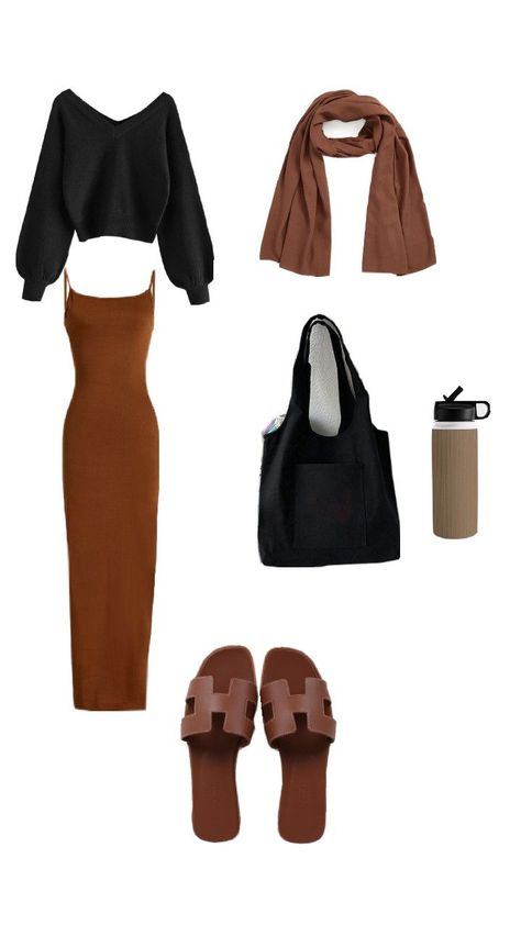 black cardigan,brown maxi dress, tote bag, water bottle. Black Maxi Dress With Cardigan, Maxi Dress With Cardigan, Brown And Black Outfit, Brown Maxi Dresses, Maxi Dress Outfit, Black Maxi, Dress With Cardigan, Comfortable Outfits, Black Outfit