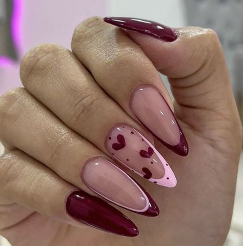 Nails Ideas Valentines, Almond Nail Ideas Pink, Pink Heart Nails Almond, Almond Nail Heart Design, Edgy Valentines Nails Almond, Maroon And Pink Nails, Pink Nails For Valentines Day, Liverpool Nails, Burgundy Almond Nails Design