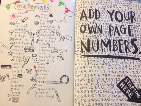 Wreck This Journal - materials page and add your own page numbers page Wreck Journal, Journal Inspiration Quotes, Journal Materials, Journal Designs, Easy Healthy Breakfast Ideas, Paper Plants, Wreck This Journal, Art Drawings Sketches Pencil, Good Day Song