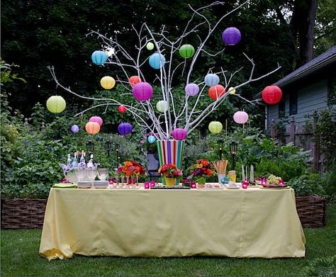 Michael Devine: For a summer drinks party, Michael fashioned a festive table with a centerpiece of colorful lit lanterns, cleverly fitted with LED battery votives. Backyard Party Decorations, Backyard Birthday Parties, Outdoors Birthday Party, Backyard Birthday, Outdoor Birthday, Garden Party Decorations, Outdoor Party Decorations, Garden Birthday, Deco Floral