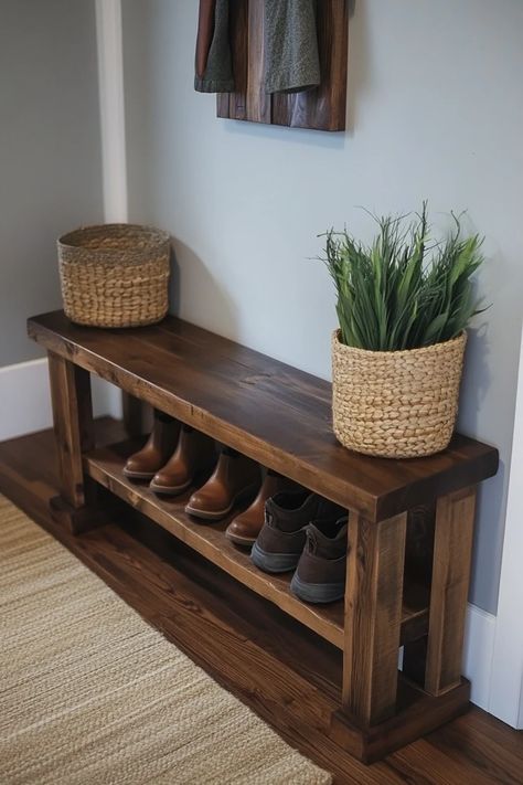 "Build your own DIY Entryway Bench with built-in Shoe Storage! 🛠️👟 Perfect for creating a functional and welcoming space. #DIYFurniture #EntrywayMakeover #ShoeStorageIdeas" Shoe Rack Bench Diy, Diy Hall Bench, Wood Shoe Rack Diy, Shoe Bench Entryway Diy, Bench With Storage Diy, Entryway Bench With Shoe Storage, Organized Entryway, Bnb Ideas, Cabin Storage