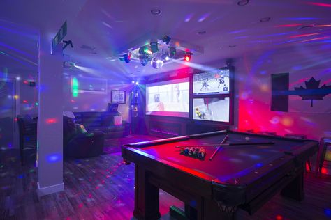 Garage Into Movie Room, Crazy Basement Ideas, Basement Karaoke Room, Led Basement Lighting, Home Club Room, Basement Ideas Party, Chill Hangout Room Ideas, Vibey Basement Hangout, Basement Party Setup