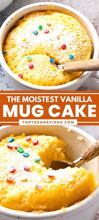 This is a super easy and incredibly soft and moist mug cake recipe that can be ready in less than 5 minutes. Just add all of the ingredients to a mug, mix them together, and microwave! Moist Mug Cake, Microwave Cupcake, Vanilla Mug Cake Recipe, Best Mug Cake, Mug Dessert Recipes, Vanilla Mug Cake, Mug Dessert, Gluten Free Mug Cake, Microwave Mug Recipes