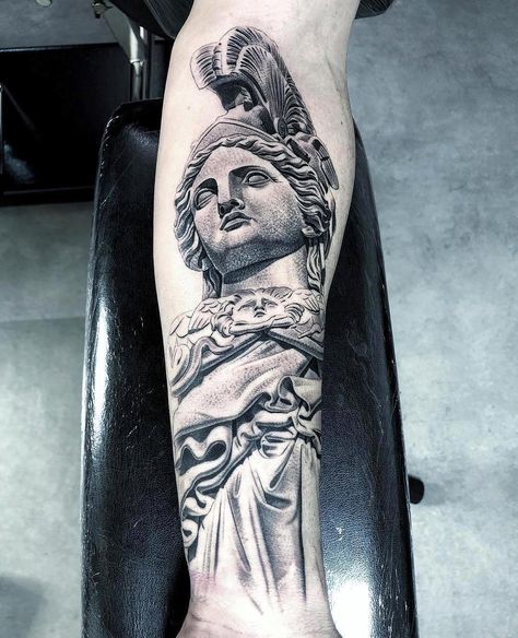 Athena Sculpture Tattoo, Athena Statue Tattoo, Athena Sculpture, Lil B Tattoo, Sculpture Tattoo, Greece Tattoo, Athena Tattoo, Poseidon Tattoo, Statue Tattoo