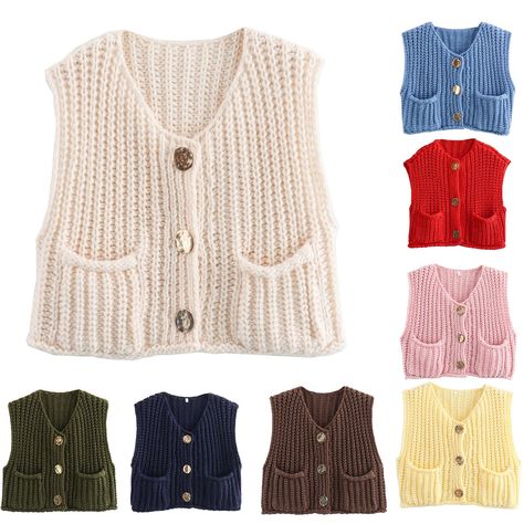 PRICES MAY VARY. Unique Features:Crochet tops for women,sleeveless button front sweater,two side pockets. solid color , crewneck knit vest. cropped open front cardigan, loose fit ,stand out in the crowd with this trendy sweater vests.***sweater vest for women sleeveless cardigan button down vest for women knitted vest women sweater vest tops for women crochet sweaters for women lightweight crochet cardigan for women lightweight knit vest top chunky knit sweaters for women crop top sweaters for w Styling Sleeveless Sweater, Short Sleeve Sweater Vest Outfit, Sweater Vest Over Dress, Cropped Sweater Vest, Sweater Vest Outfit, Trendy Sweater, Vest For Women, Sleeveless Sweater Vest, Crochet Sweaters