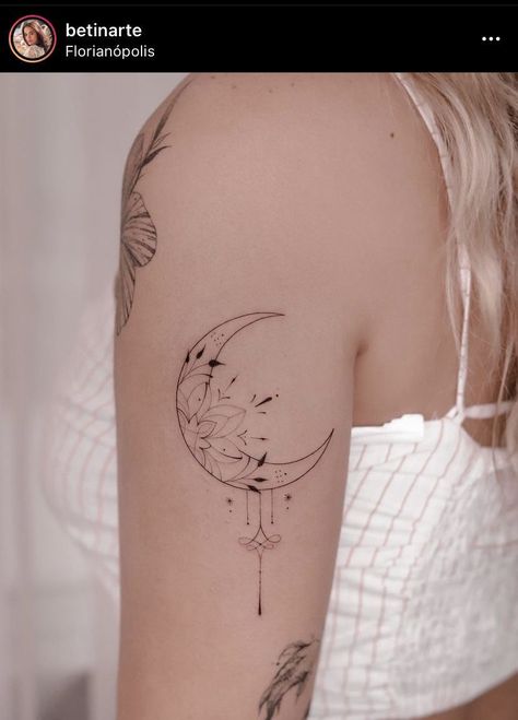 Back Of Bicep Tattoo, Lotus Tattoo Minimalist, Delicate Shoulder Tattoos For Women, Spiritual Tattoos For Women Universe, Back Of Ankle Tattoos For Women, Bohemian Tattoo Ideas, Bohemian Tattoos For Women, Moon Tattoo Shoulder, Ornamental Shoulder Tattoo