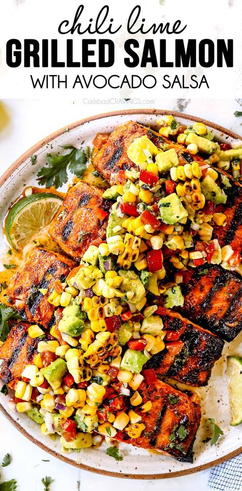 Summer Salmon Recipe, Summer Corn Recipes, Grilled Salmon Tacos, Chili Lime Salmon, Avocado Corn Salsa, Salmon With Avocado, Salmon With Avocado Salsa, Salmon Marinade, Bbq Salmon